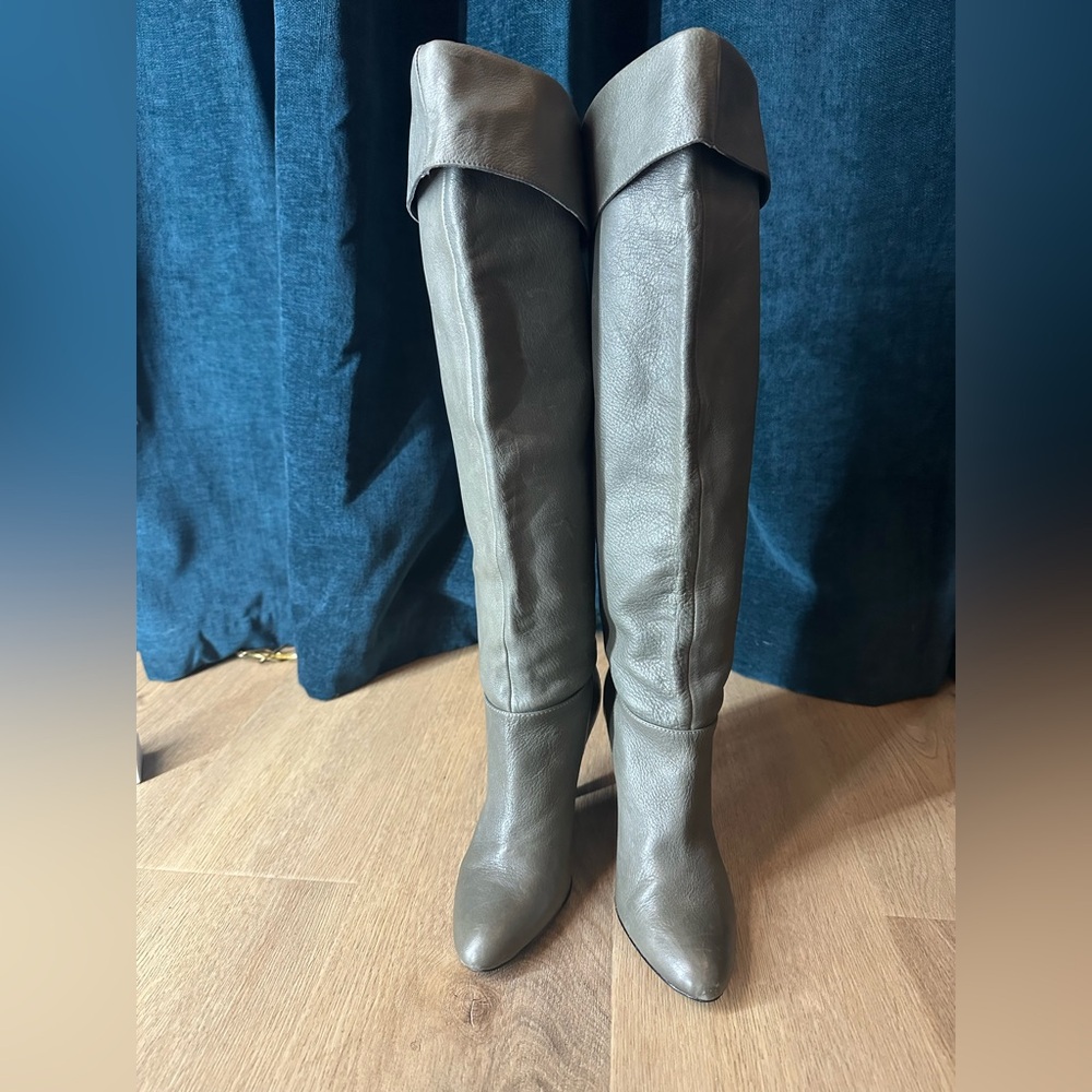 Calvin Klein Tall Fold-Over Leather Knee-High Boots in Gray